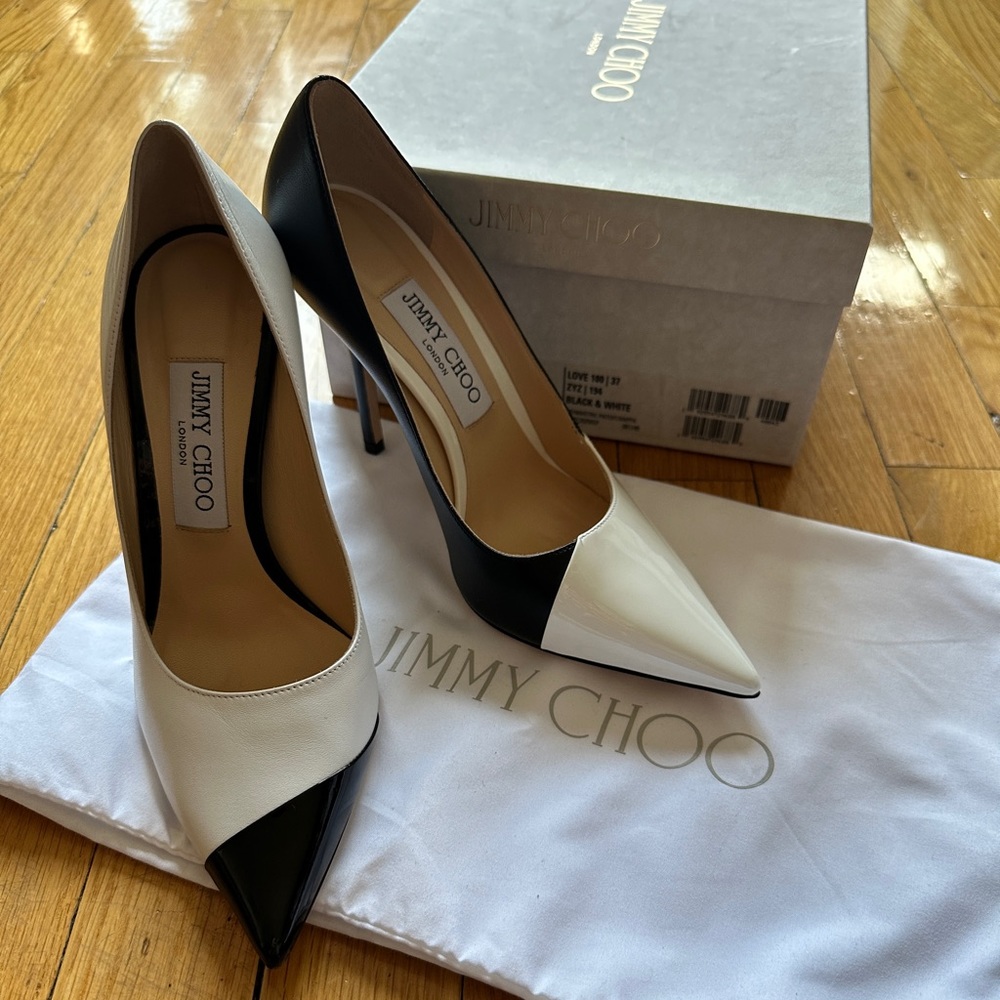 SOLD - Jimmy Choo Love 100 Black and White Napa and Patent Leather NIB sz 37